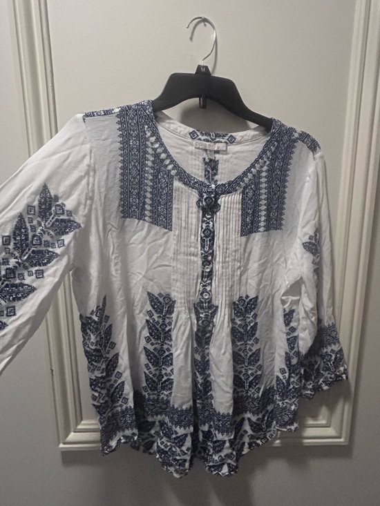 Pale Sky Tops - Embroidered White Peasant Blouse with Navy Folk Motif